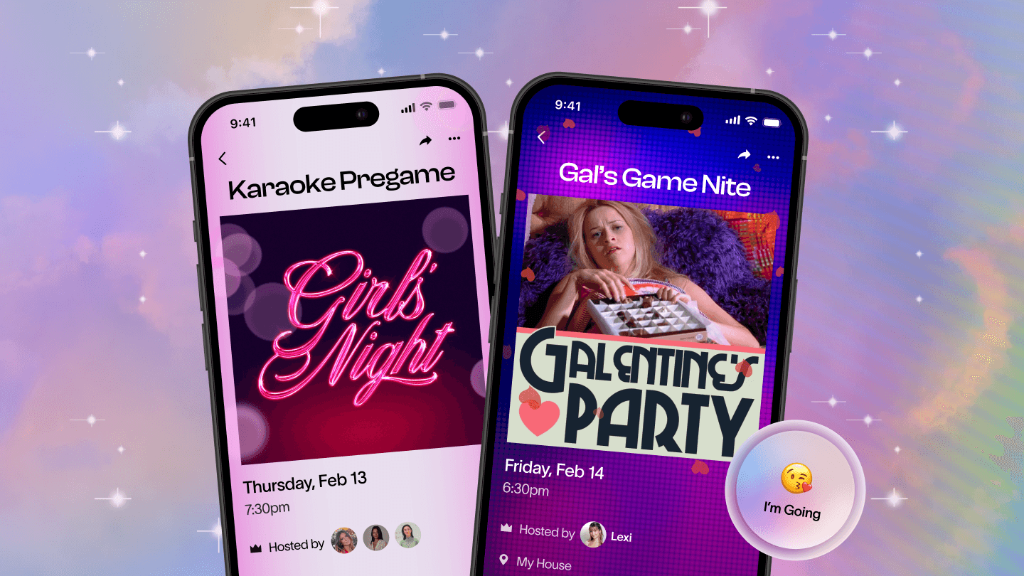 Mobile screen showing a vibrant 'Girls Night' party invite with neon text and playful Valentine's vibes for a karaoke pregame event and another with a Galentine’s party invite with a retro design and image of a girl holding chocolates, perfect for game night fun.