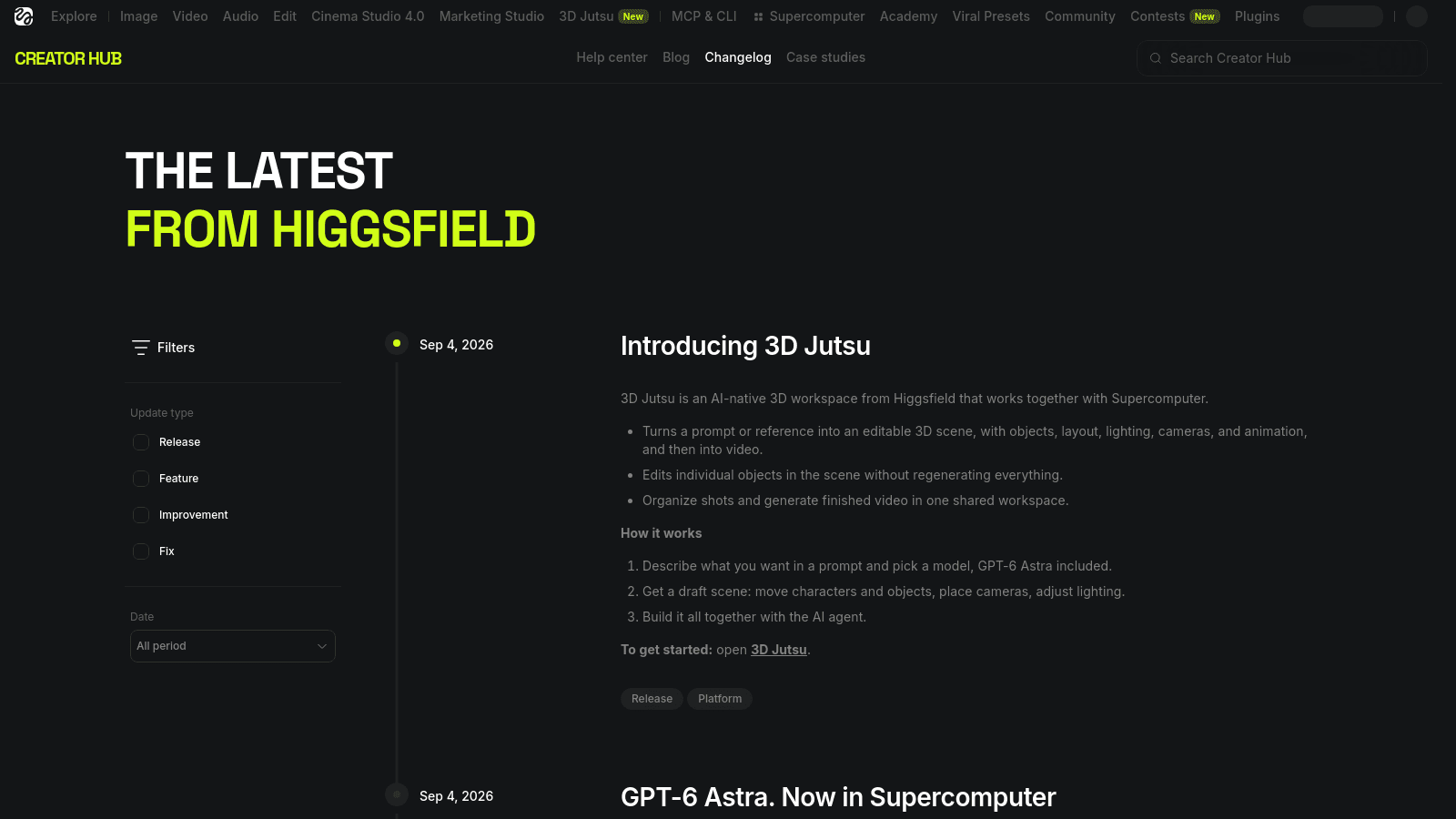 The Higgsfield Creator Hub changelog page displaying recent feature updates and release notes in a dark interface.