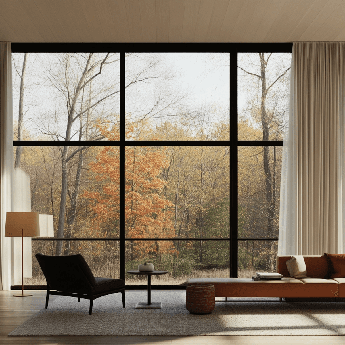 Modern living room with terracotta sofa overlooking autumn forest through floor-to-ceiling windows