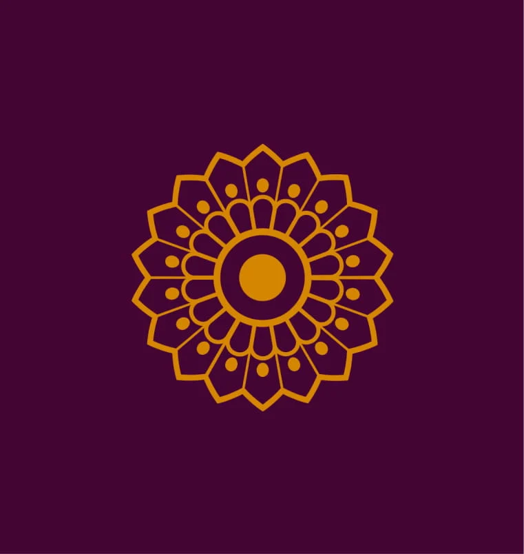 Centered golden-orange mandala flower with layered petals and dots on a dark plum background, creating a symmetrical, calm decorative design.