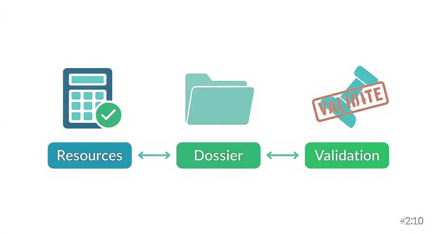 Schéma illustrant un processus : ressources (calculatrice), dossier (dossier de fichiers) et validation (tampon) avec flèches bidirectionnelles.