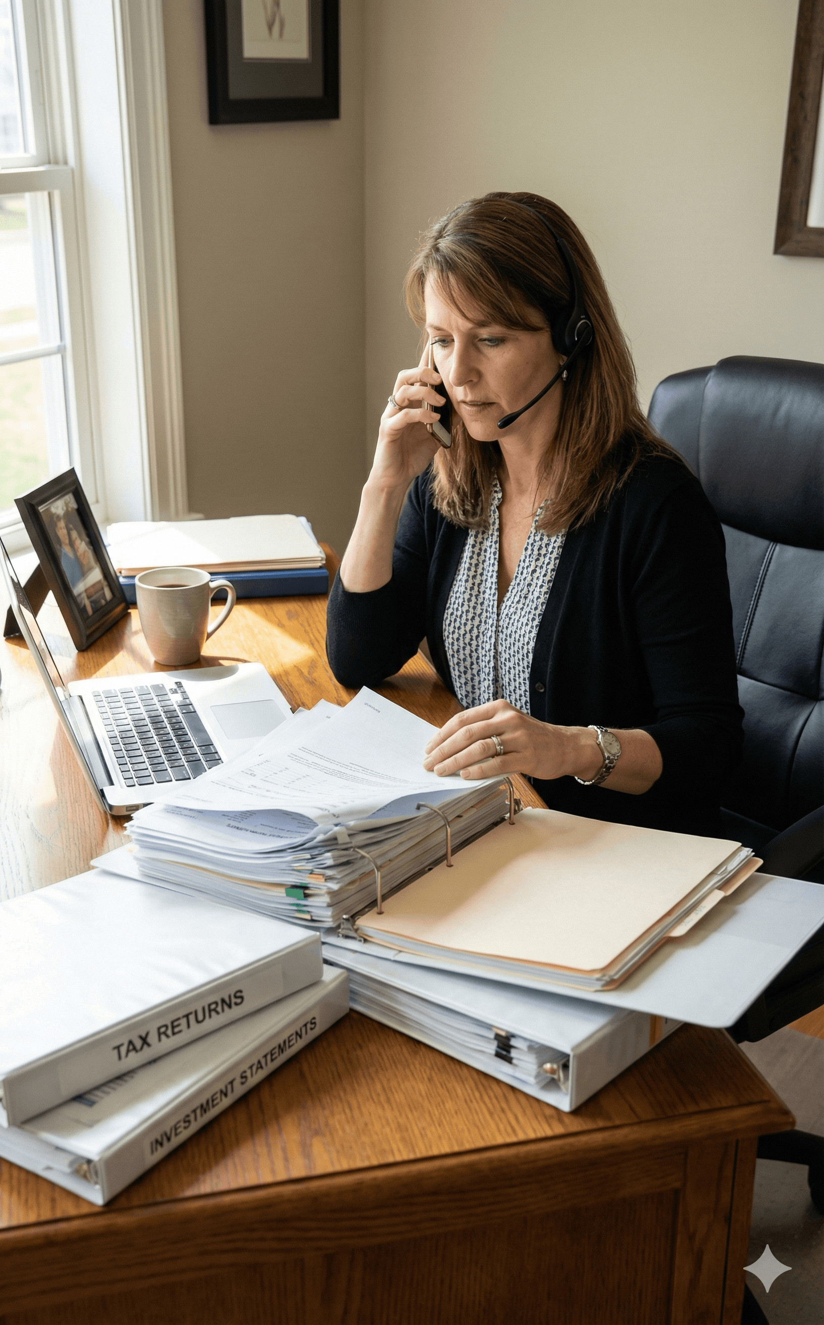 A dedicated advisor organizing a stack of financial documents and making a phone call on behalf of a client.