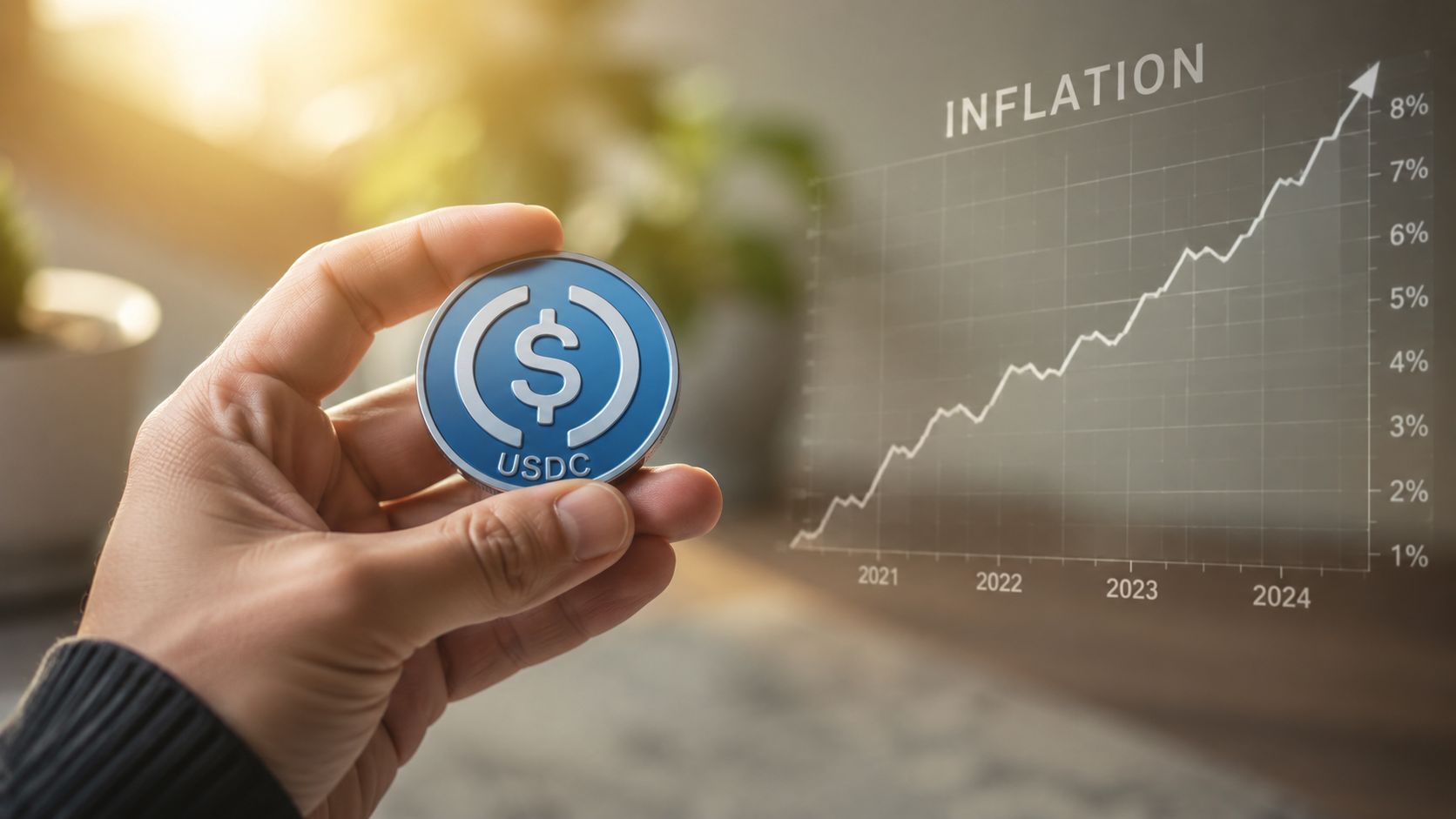 A hand holding a USDC stablecoin coin against a holographic digital chart illustrating rising inflation trends.