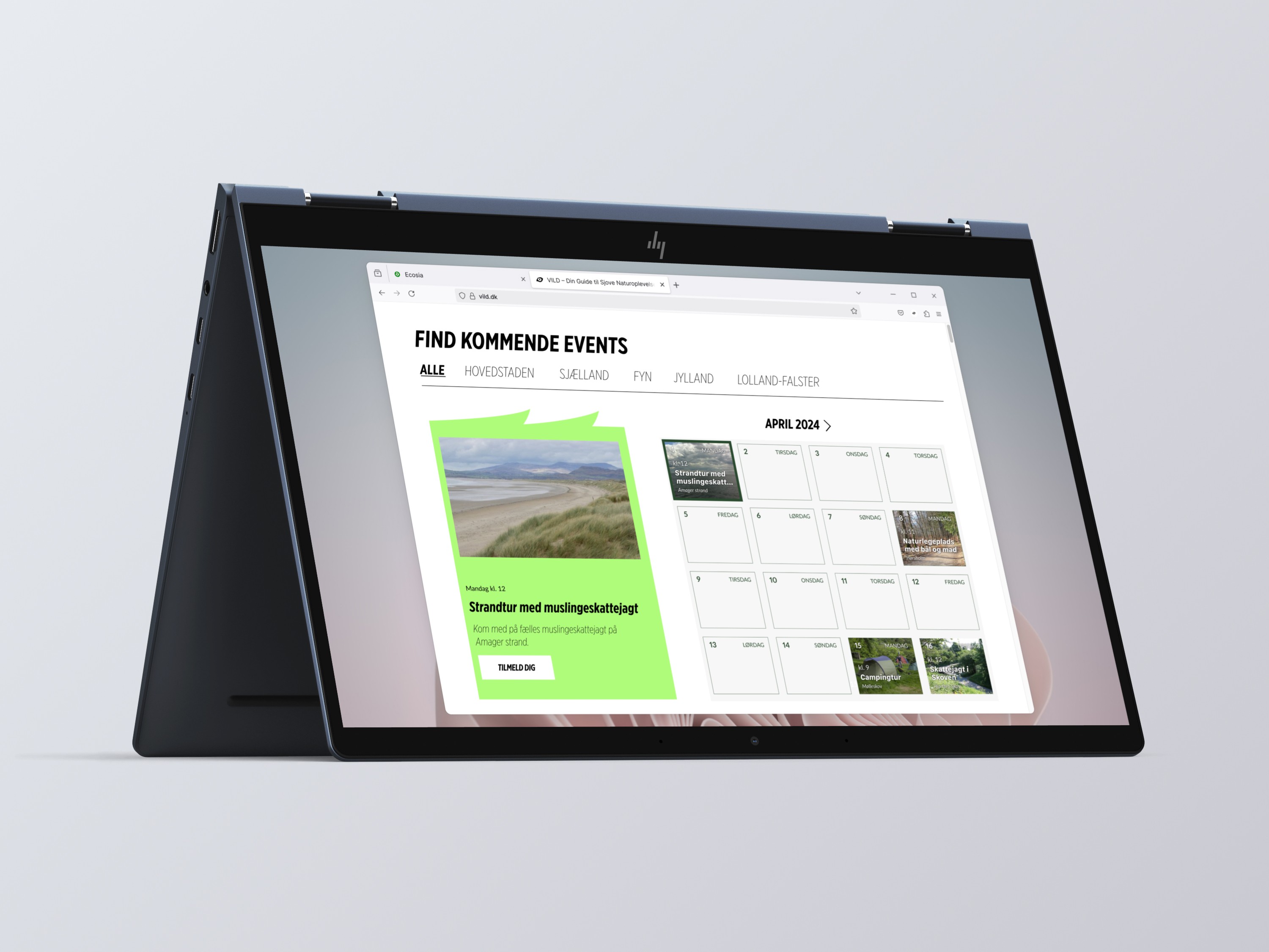Laptop mockup displaying the VILD Events page with a calendar of upcoming nature activities for April 2024, filtered by region.