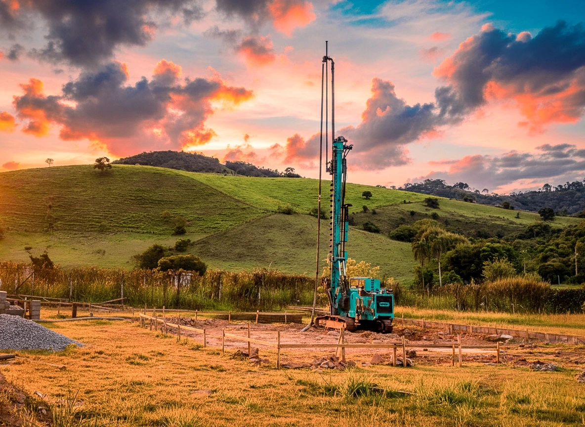 Máquina perfuratriz em um vasto campo gramado, com as fundações delimitadas. O local é cercado por colinas verdes e arborizadas, iluminadas pela luz quente do pôr do sol e nuvens rosadas.