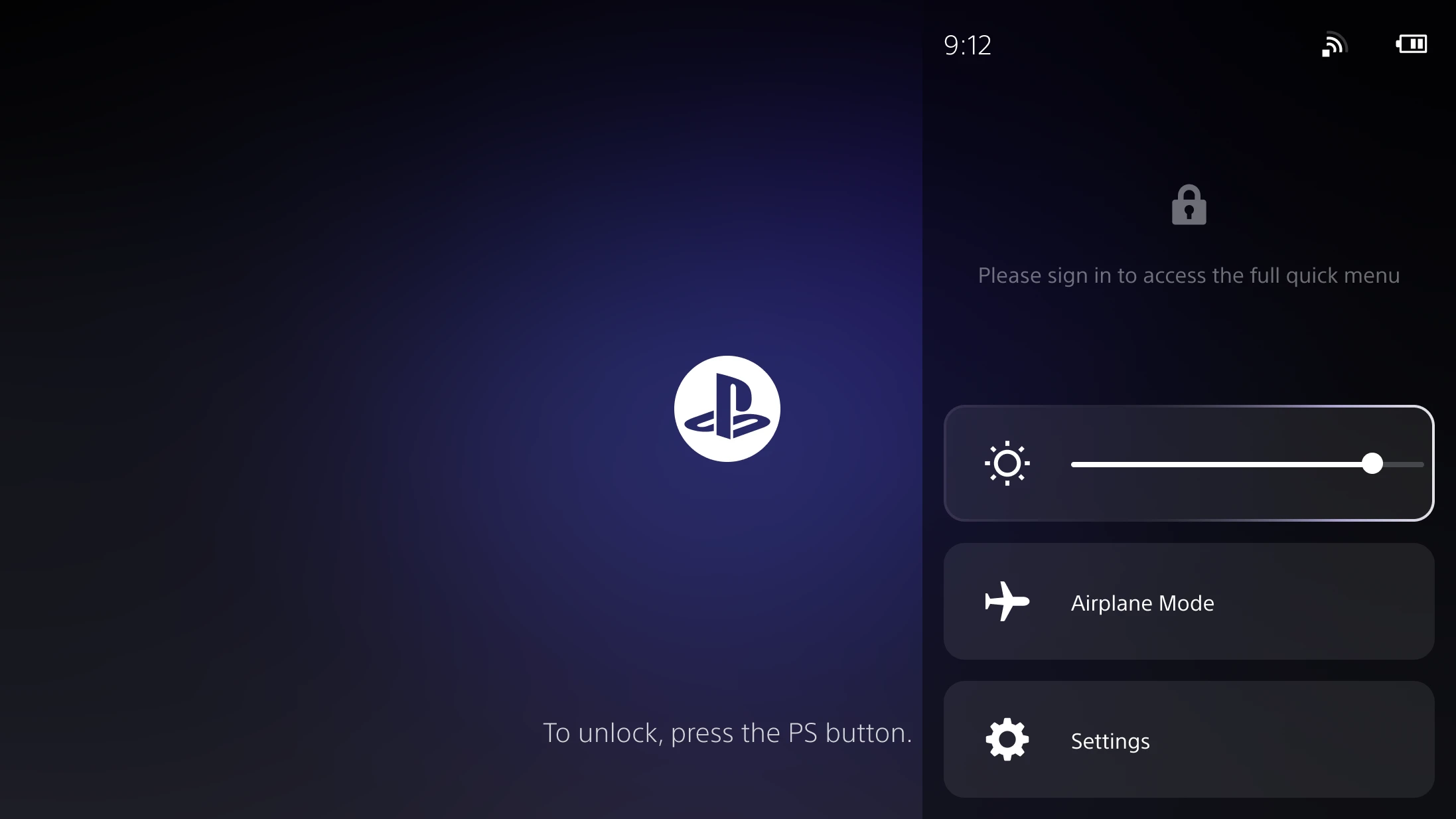 Signed out: brightness and airplane mode stay available.