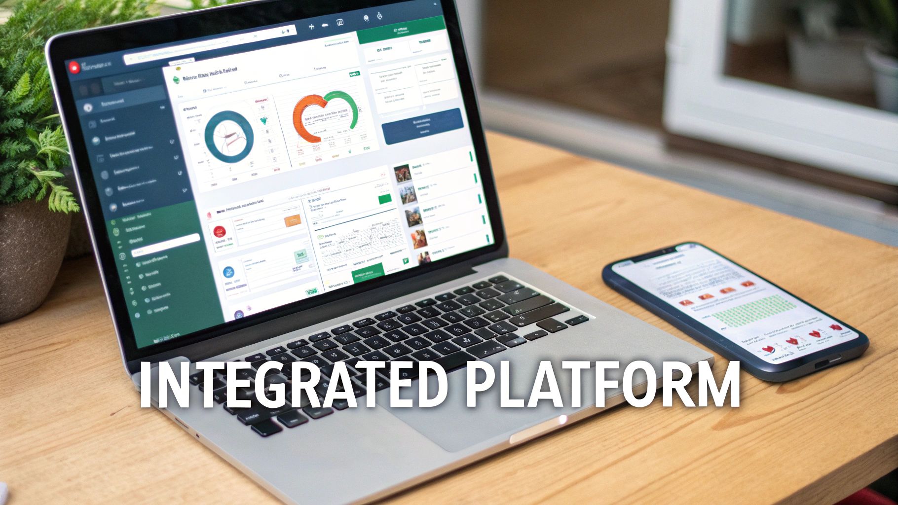 A laptop and smartphone on a wooden desk displaying an integrated platform with dashboards and data.
