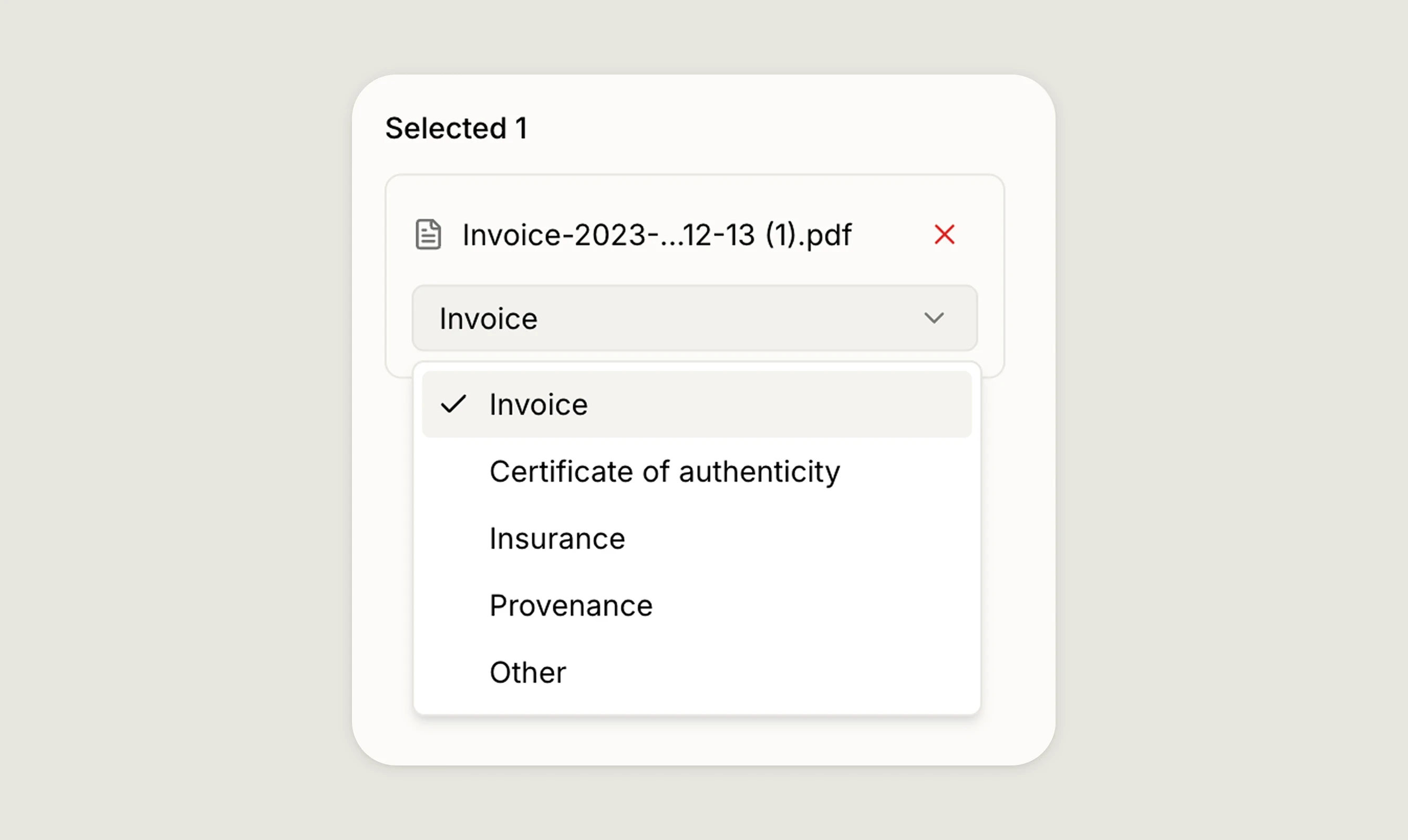 Selecting document type for a document from: Invoice, Certificate, Insurance, Provenance, Other