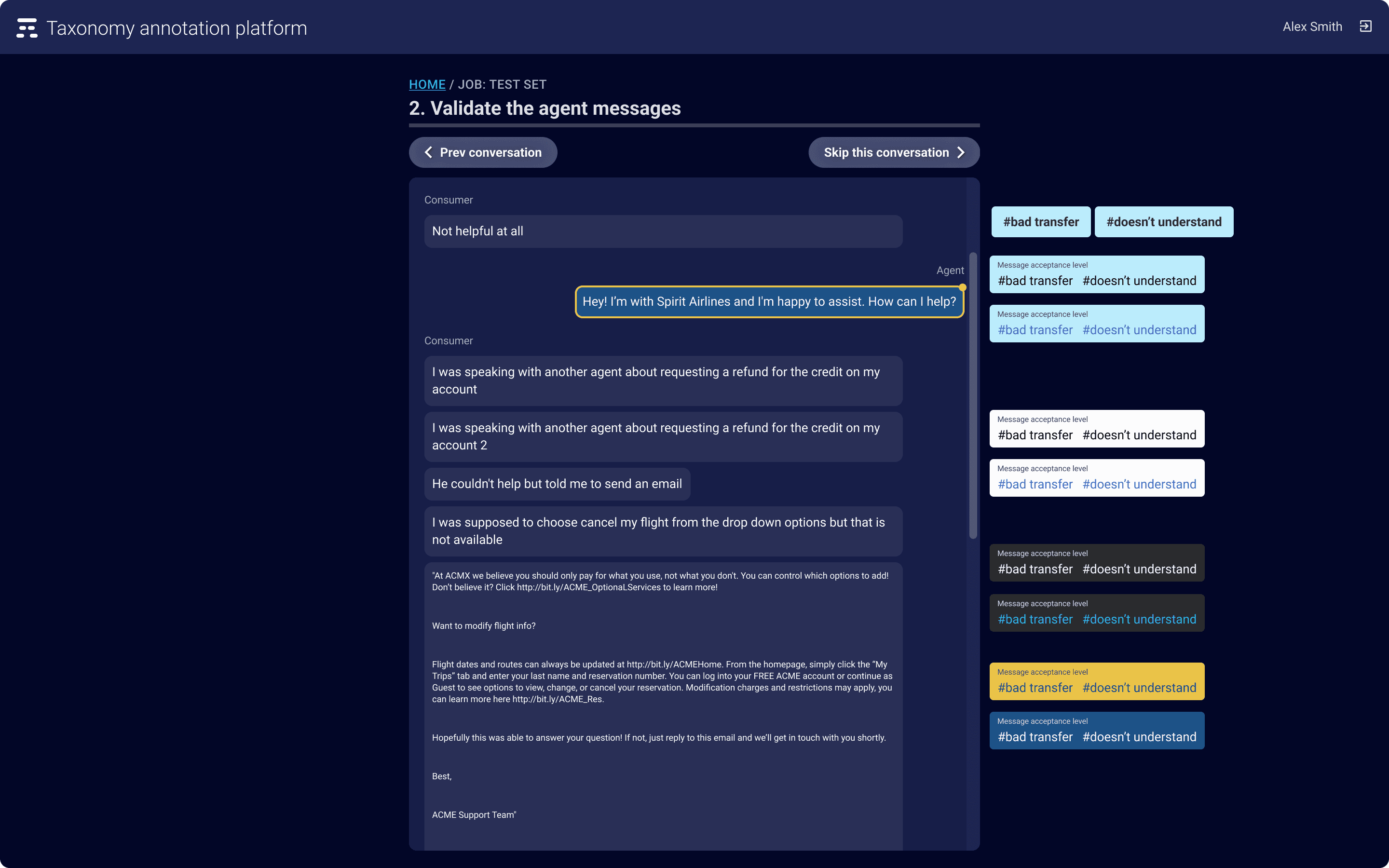 A design exploration that offers a way to annotate individual messages within a conversation.