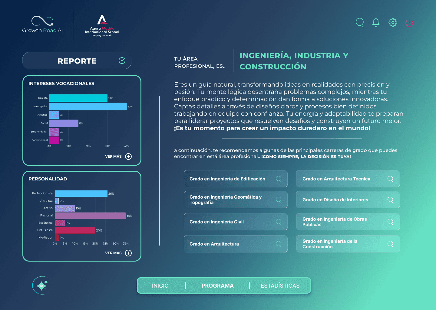 Reporte psicométrico de orientación vocacional online, recomienda carreras de ingeniería