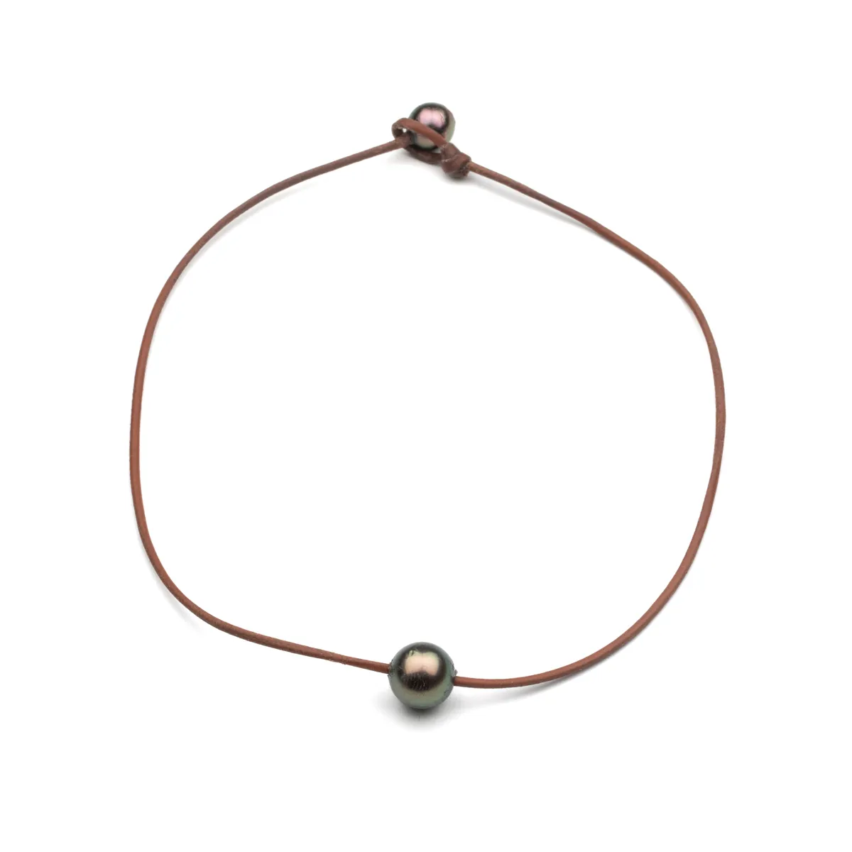 Tahitian Pearl leather choker necklace with round pearl center and pearl toggle closure on natural tan leather cord — Manos de Oro Saint Barth