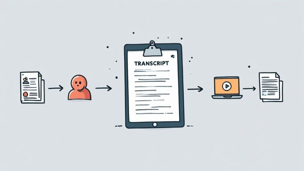 A person at a desk repurposing a Zoom transcript into a blog post, with social media icons and document symbols floating around.