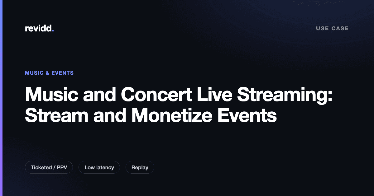Concert live streaming setup with multi-camera feed, ticketed PPV paywall, and VOD replay on multiple devices