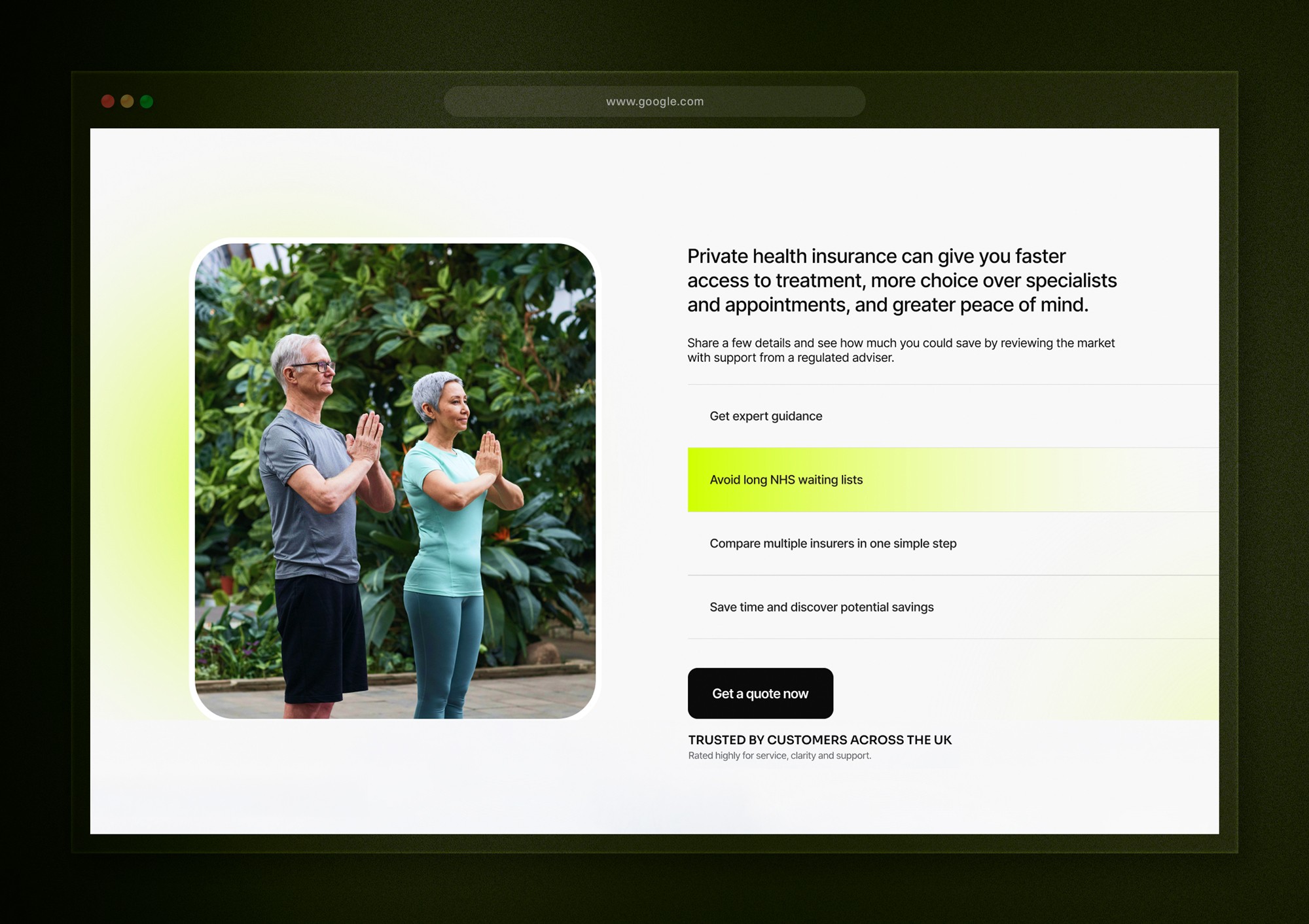 Health insurance website quote process with clear call to action and reduced friction for enquiries