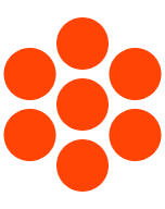 A bright orange circle adorned with six small dots positioned around its edge.