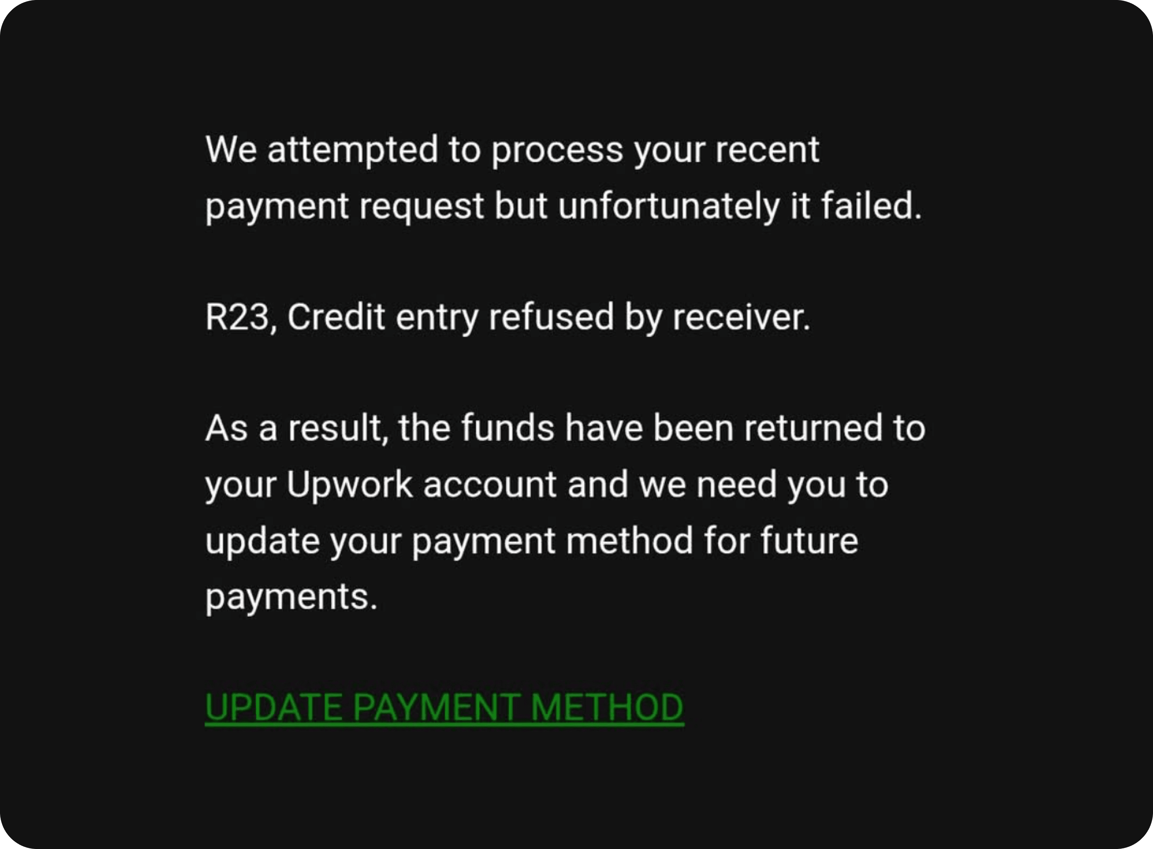 ACH R23 Return Code Upwork Email