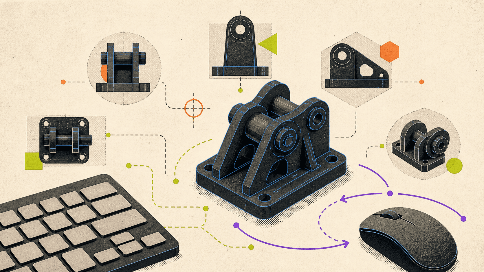 Editorial collage of a mechanical CAD model surrounded by a blank keyboard, mouse gesture path, and abstract view-orientation forms.