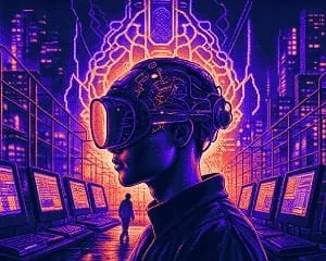 Cyberpunk illustration with neon colors and futuristic technology