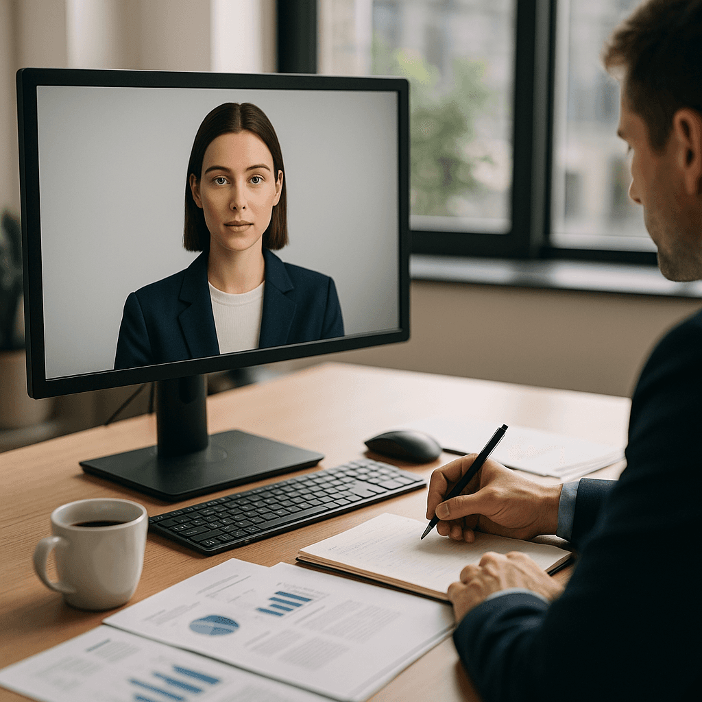 Man engaged in compliance training on tablet, with course content on screen.
