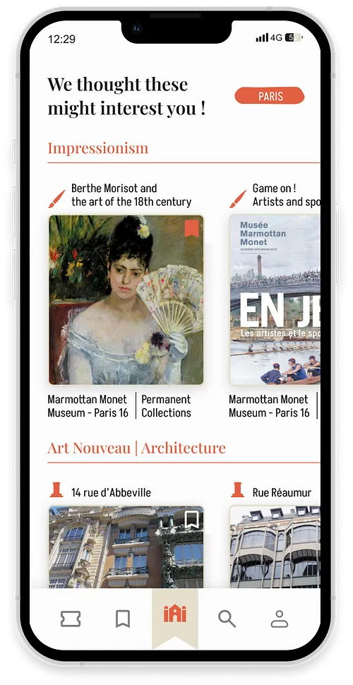 Museum companion app screen recommending artworks and articles to the visitor