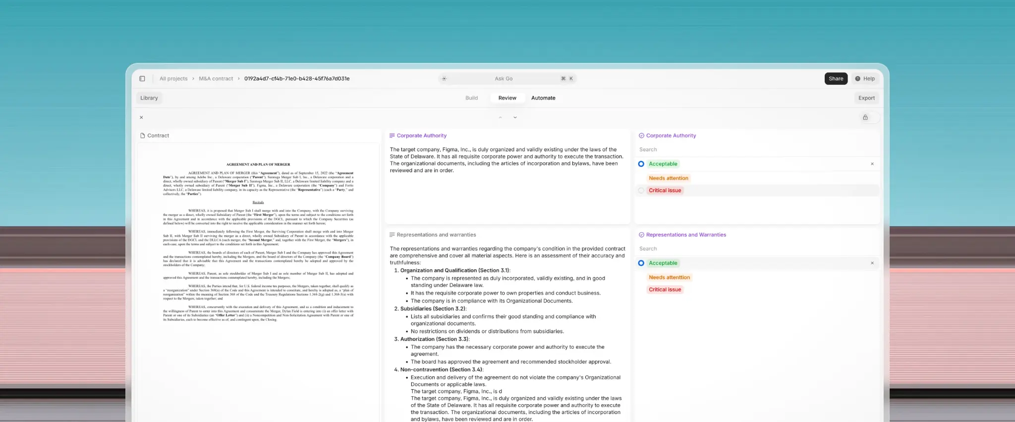 Document review interface with merged contracts and summary of terms.
