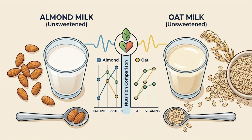 A side-by-side comparison of almond milk with whole almonds and oat milk with a bowl of rolled oats on a marble countertop in a natural light kitchen setting, featuring the article title 'Almond Milk vs. Oat Milk Nutrition Facts: Calories, Protein, Carbs & Vitamins Compared'.