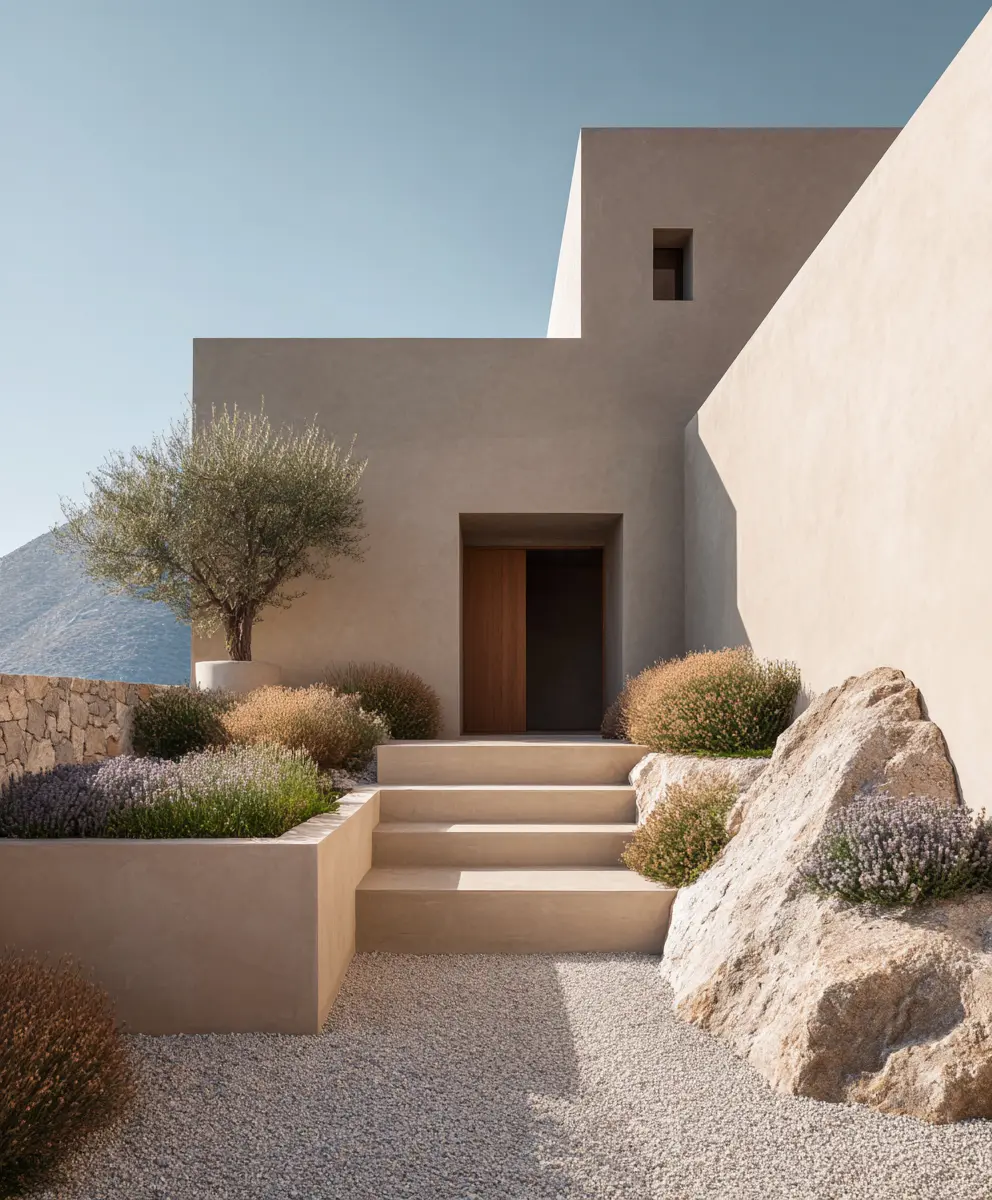 A modern minimalist house with a beige stucco exterior, featuring a stone walkway, concrete steps leading to a wooden entrance, and landscaping with desert shrubs, a small olive tree, and large natural rocks.