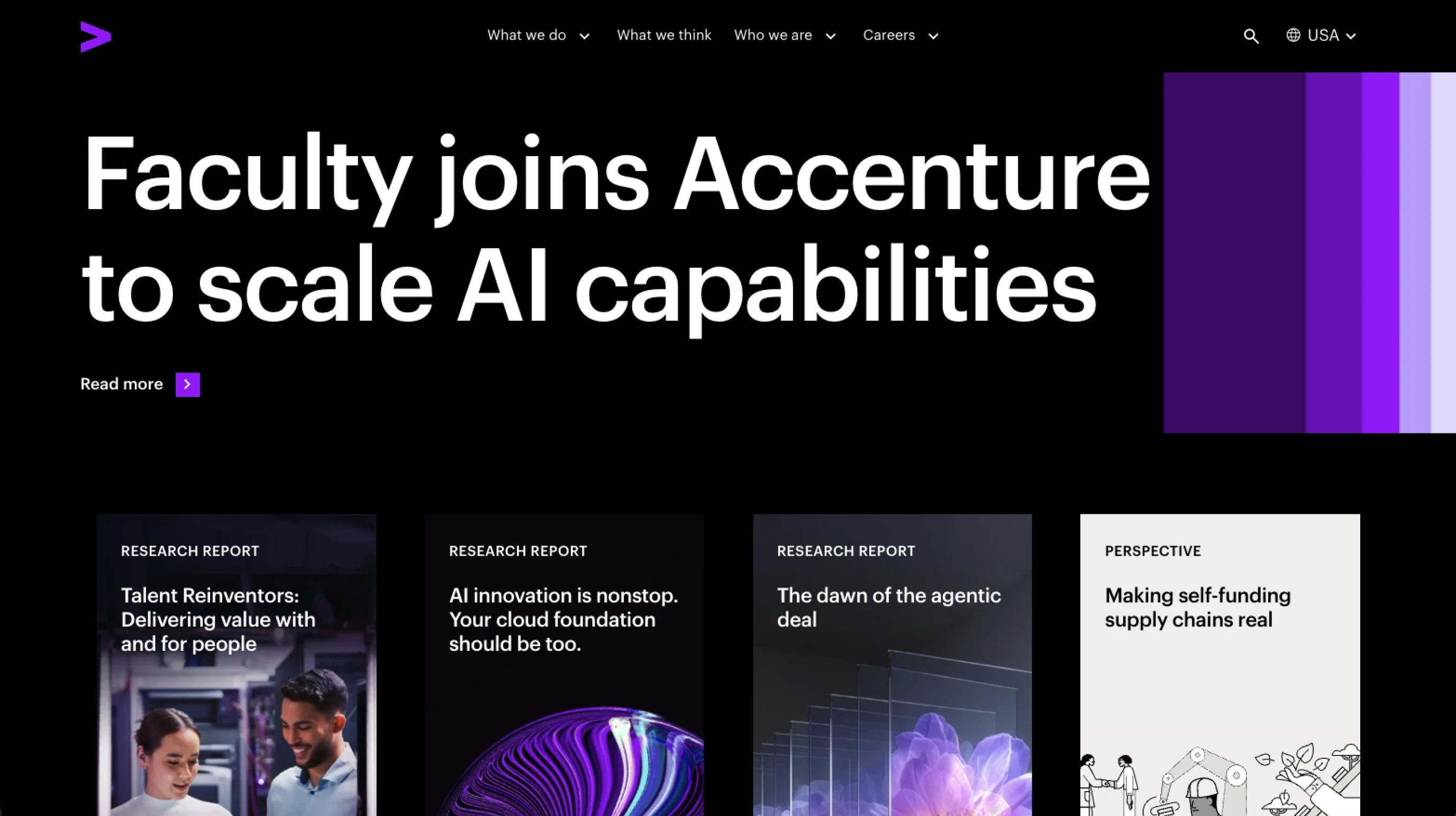 Accenture homepage featuring an AI capabilities headline and research report cards.