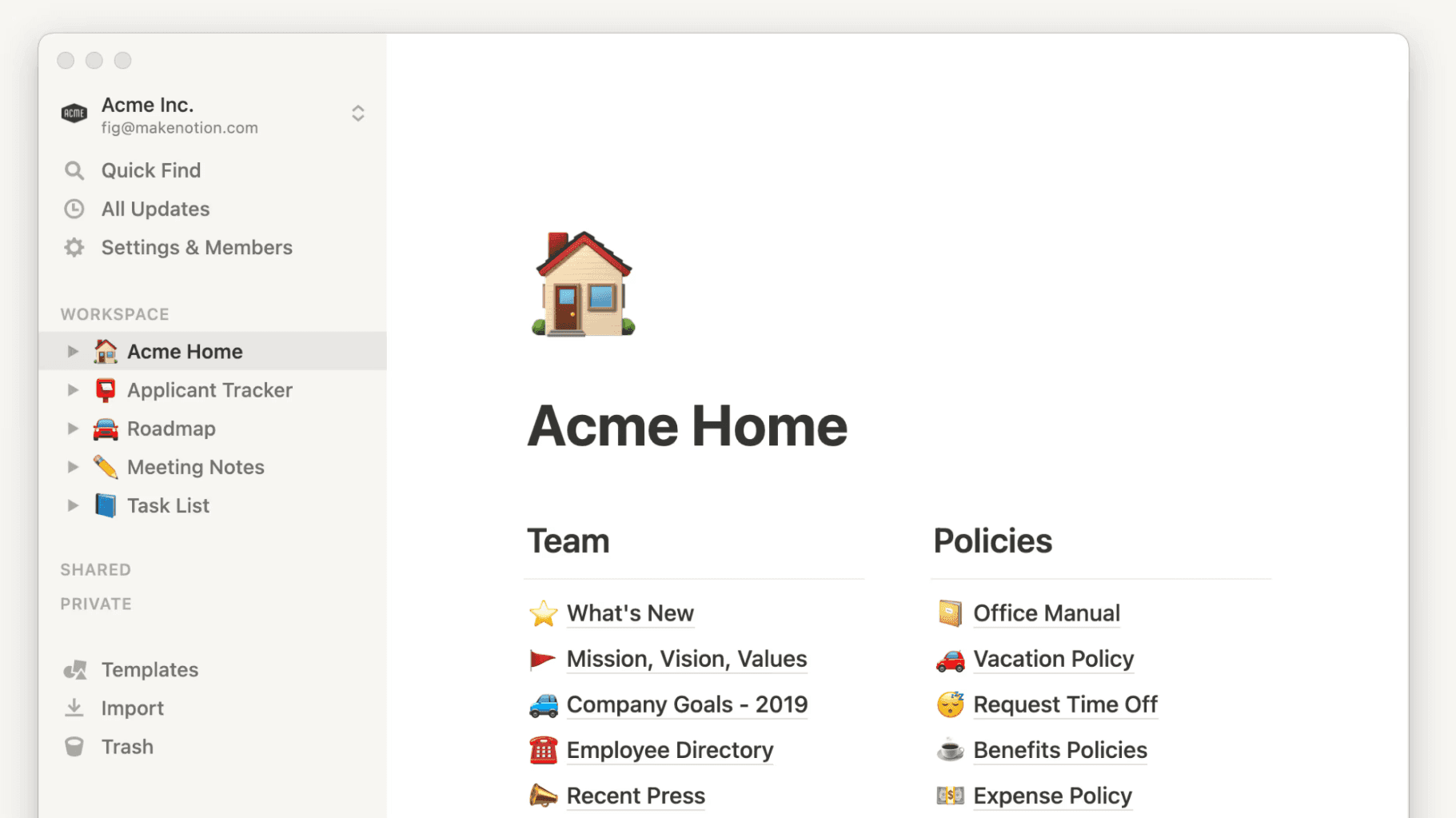 Notion workspace interface showing a company home page with sidebar navigation and structured documentation pages.