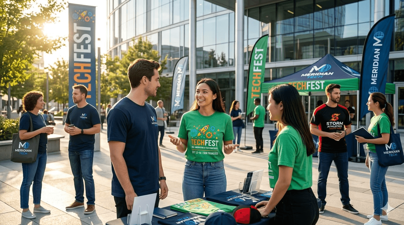 Ação de marketing com pessoas usando camisetas personalizadas promocionais