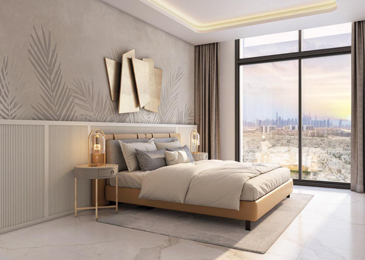 Inviting bedroom with contemporary furnishings and a striking view of the city skyline.