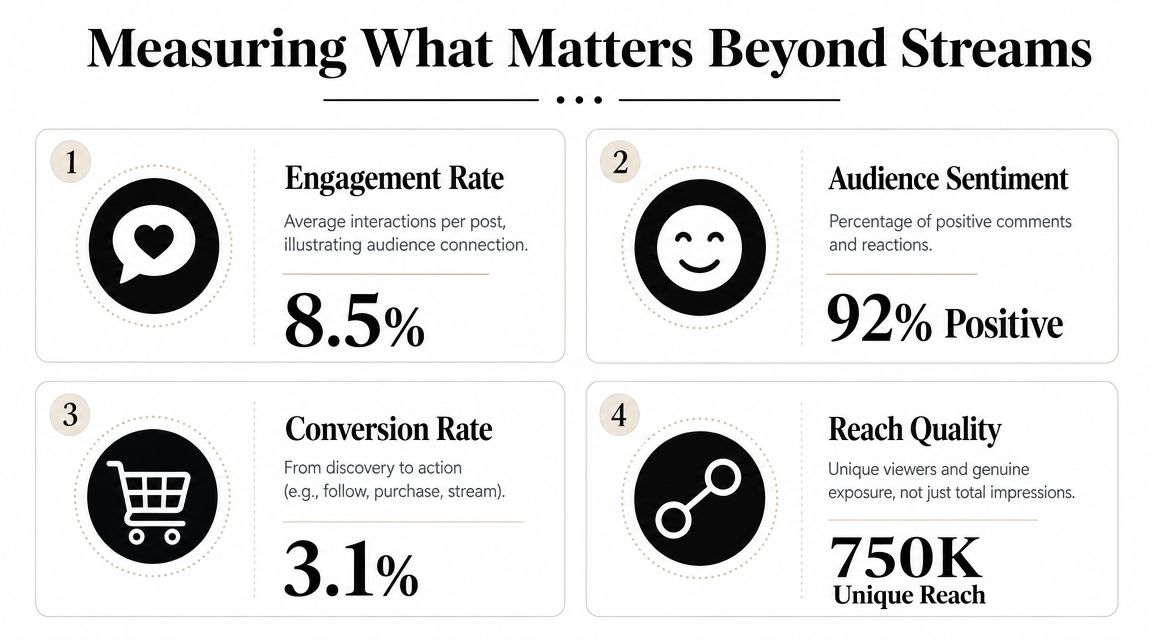 A marketing infographic illustrating key metrics to measure beyond stream counts for music influencers.
