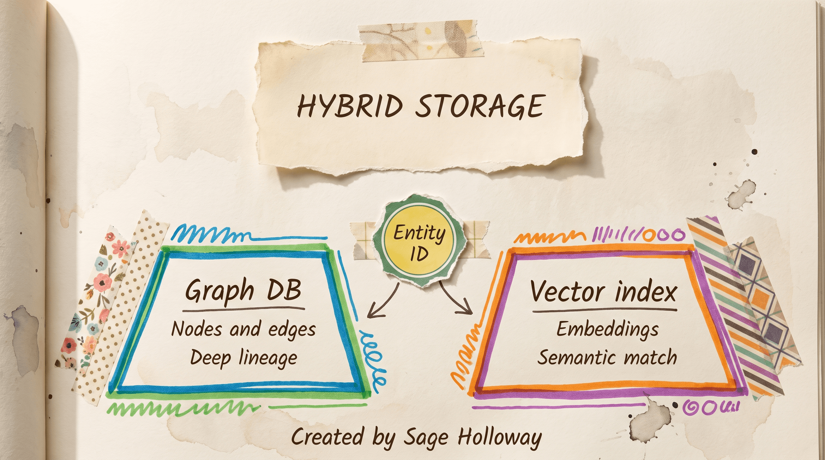 Scrapbook diagram of parallel graph database and vector index stores linked by entity IDs