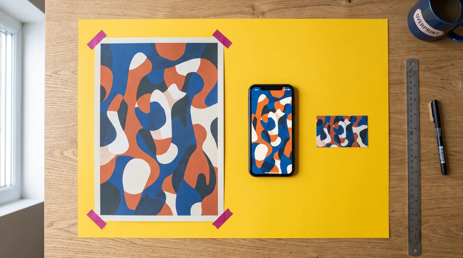 Blue and orange abstract poster, a phone and a card on a yellow board