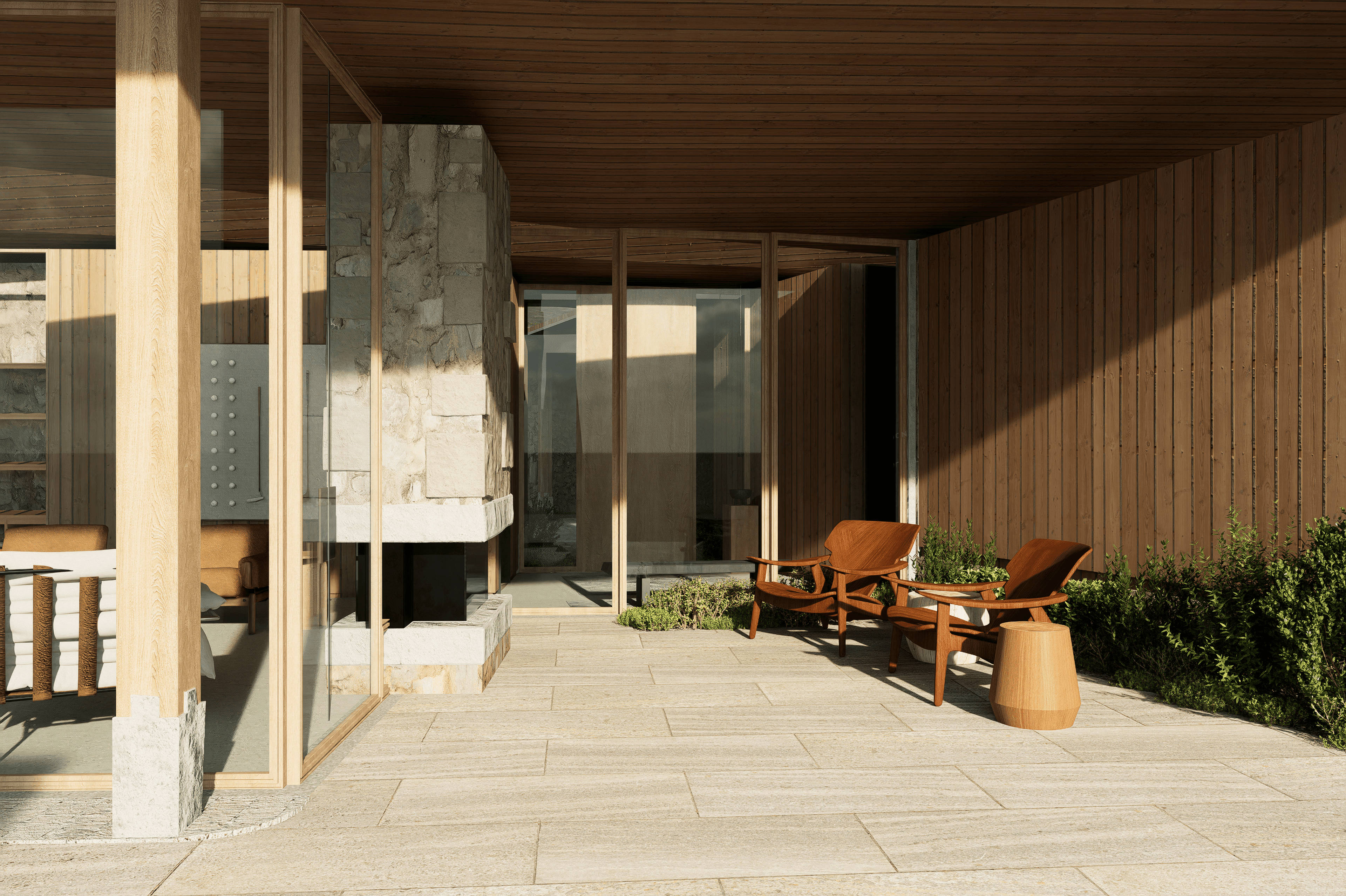 Mirador de Izki entry — stone-clad pier, timber soffit, native planting framing the approach.