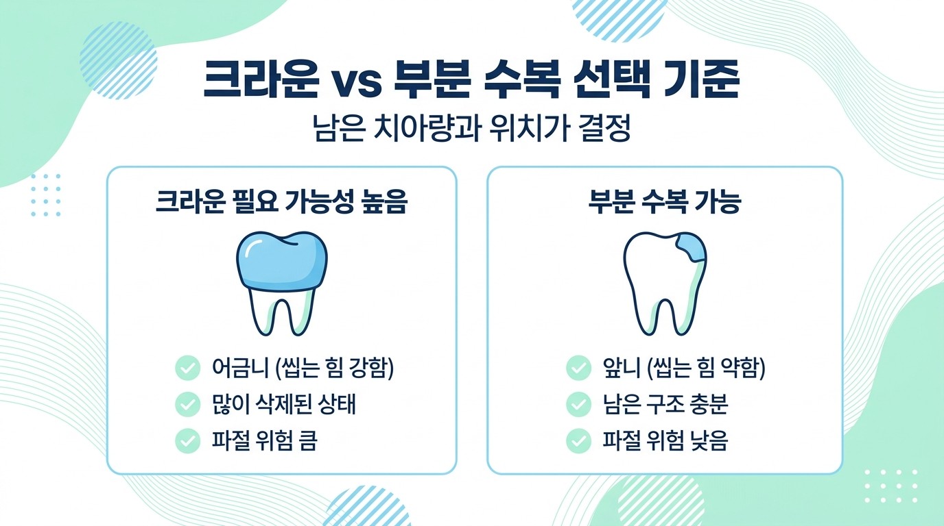크라운이 필요한 경우와 부분 수복이 가능한 경우를 비교한 인포그래픽