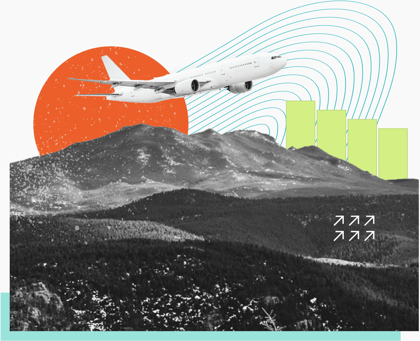 Collage-style illustration representing a plane ascending over a landscape