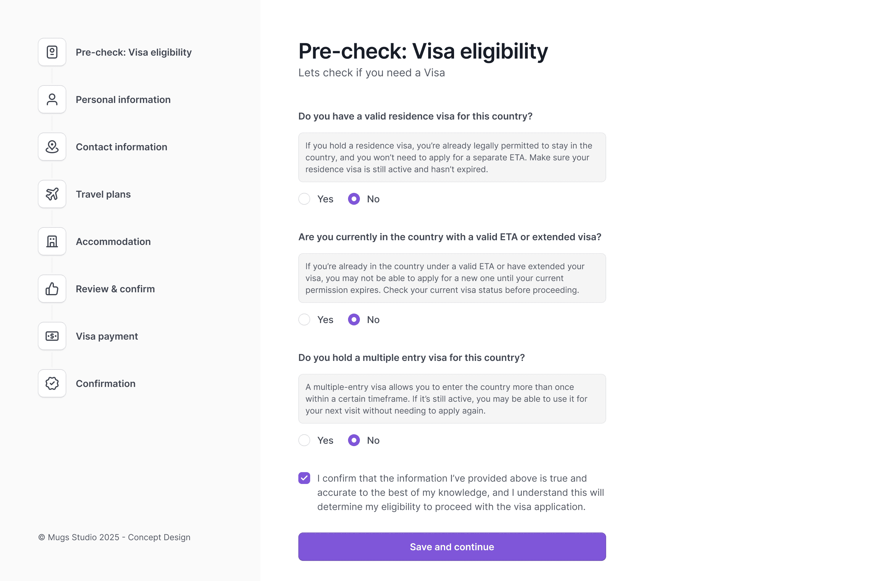Redesigned visa eligibility step with clear questions, guidance, and a sidebar menu.