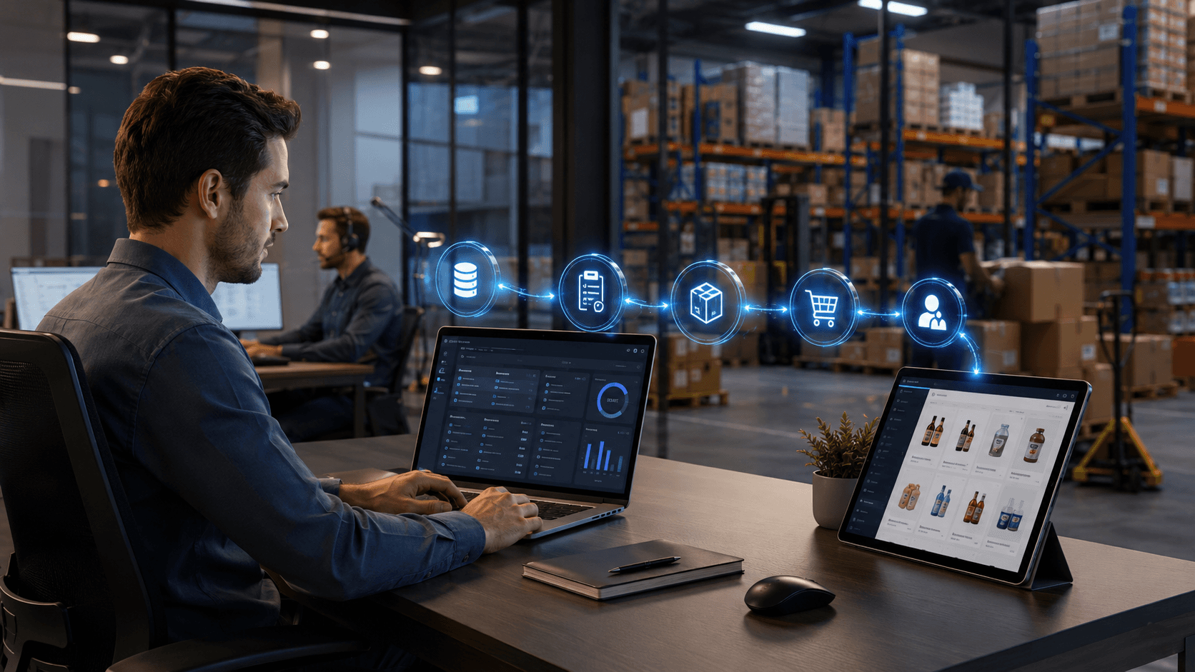 Imagem realista 3D em formato 16:9 mostrando um gestor em um escritório integrado a um centro de distribuição, trabalhando em um notebook com painel de ERP. À frente, um tablet exibe um portal B2B com produtos organizados em grade. Entre os dispositivos, cinco ícones holográficos conectados representam as etapas de integração entre ERP, catálogo, pedidos, vendas digitais e clientes. Ao fundo, um atendente de televendas com headset e operadores no estoque indicam que a operação continua funcionando enquanto o canal digital é implantado.