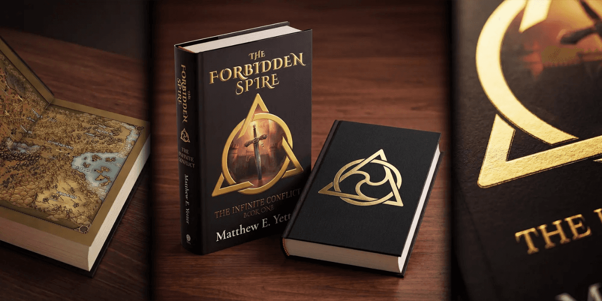 The Forbidden Spire hardcover and special edition displayed with fantasy map and gold-embossed emblem.