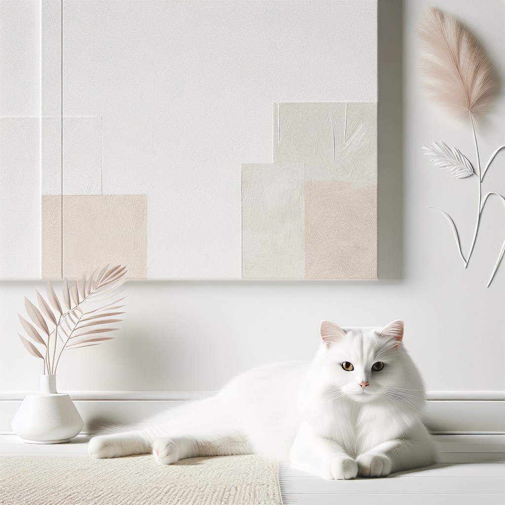 Weiße Katze liegt entspannt auf einem Teppich, im Hintergrund ist ein abstraktes Gemälde zu sehen.