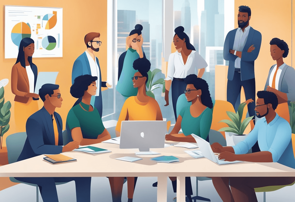 A diverse group of professionals from different backgrounds collaborating in a modern office setting, reflecting the importance of cultural fit in the hiring process