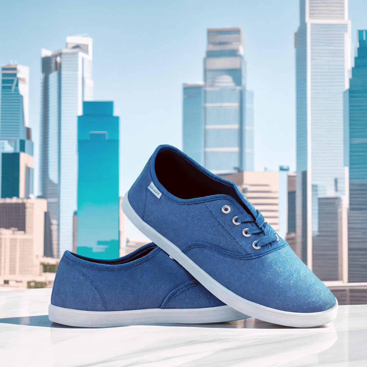 Pair of shoes on a marble table at the top of a builing surround of skycrappers. Image generated by AI using Fuzer