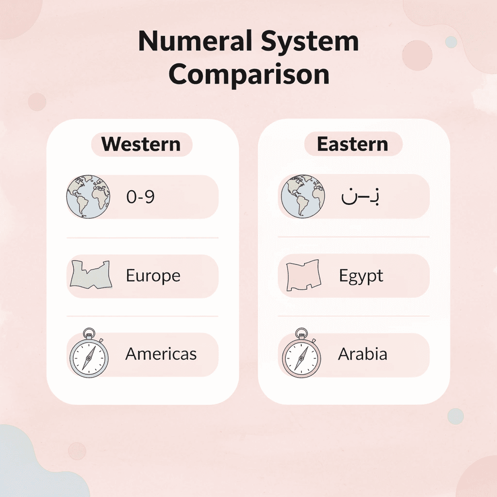 Comparison table of Western vs Eastern Arabic numerals