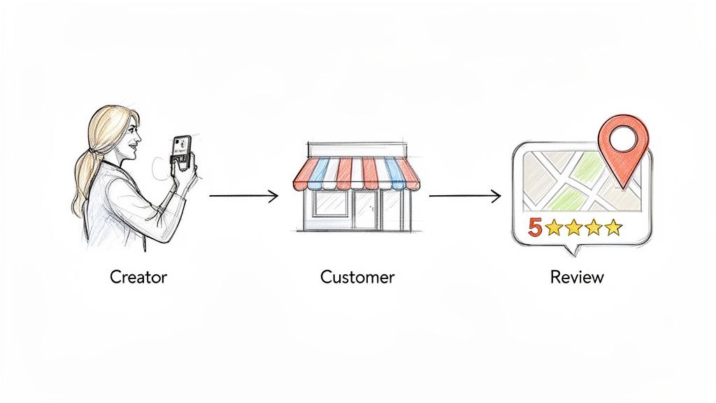 A diagram shows a creator taking a photo of a store, resulting in a 5-star online review.