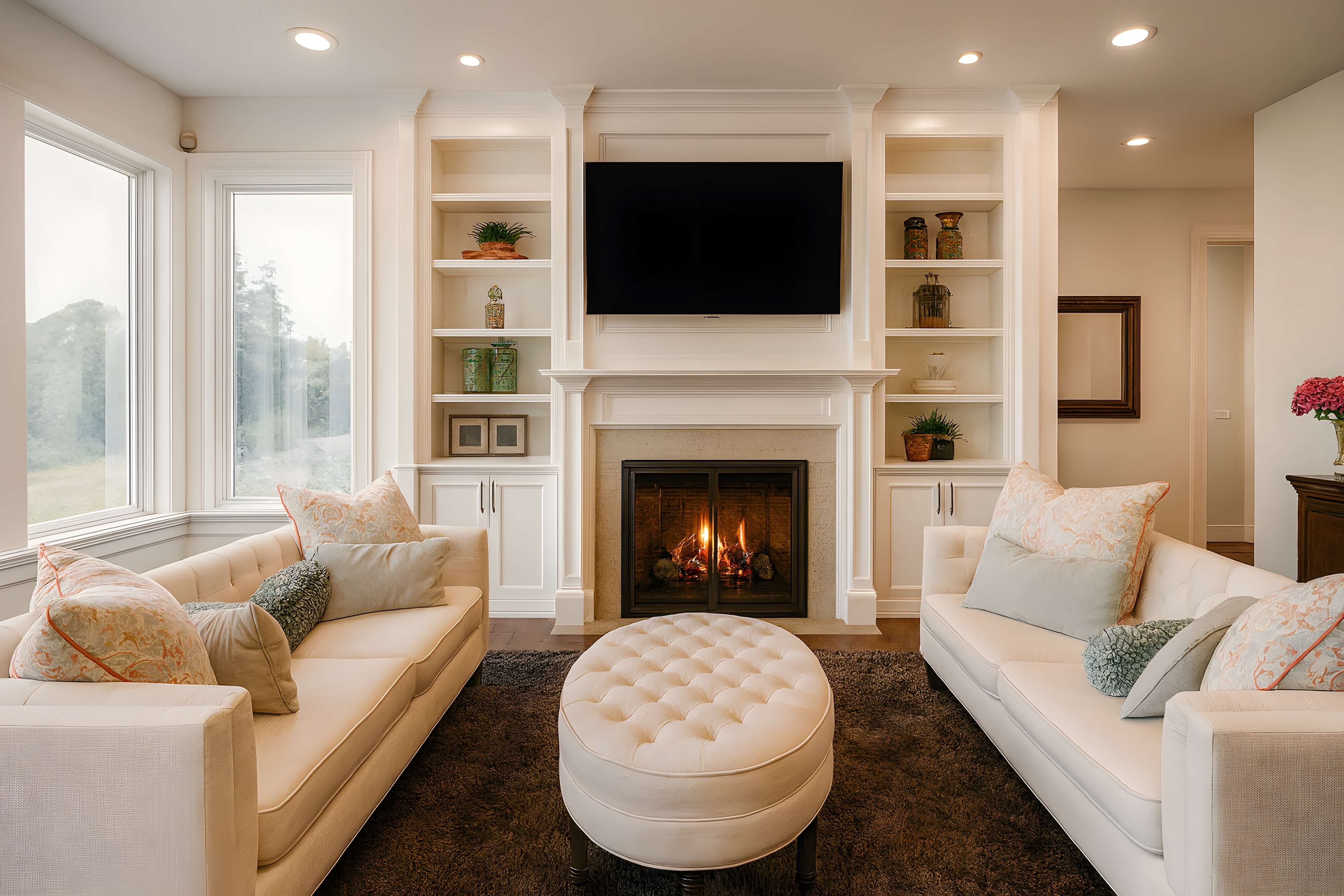 Bright living room with two cream sofas, tufted round ottoman, built-in shelving, and a central fireplace with mounted TV.