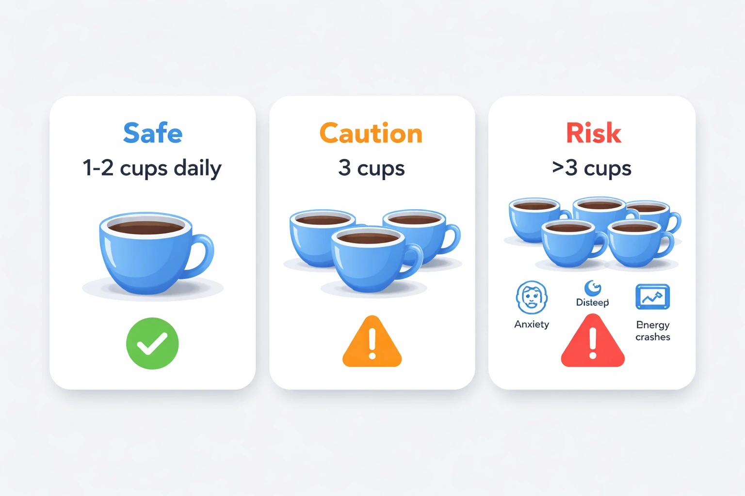 Three modern cards on a light gray background displaying safe (1-2 cups), caution (3 cups), and risk (>3 cups) coffee consumption levels for PCOS patients, highlighted with the site accent blue and icons for health effects.