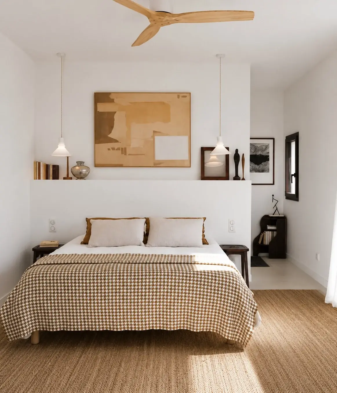 Chambre avec tête de lit intégrée, suspensions blanches et grand tableau ocre.