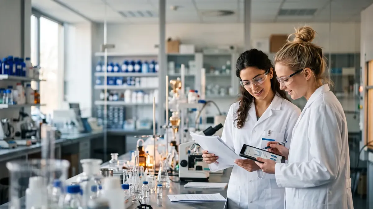 Dos graduadas con bata en un laboratorio farmacéutico revisando documentos y una tableta
