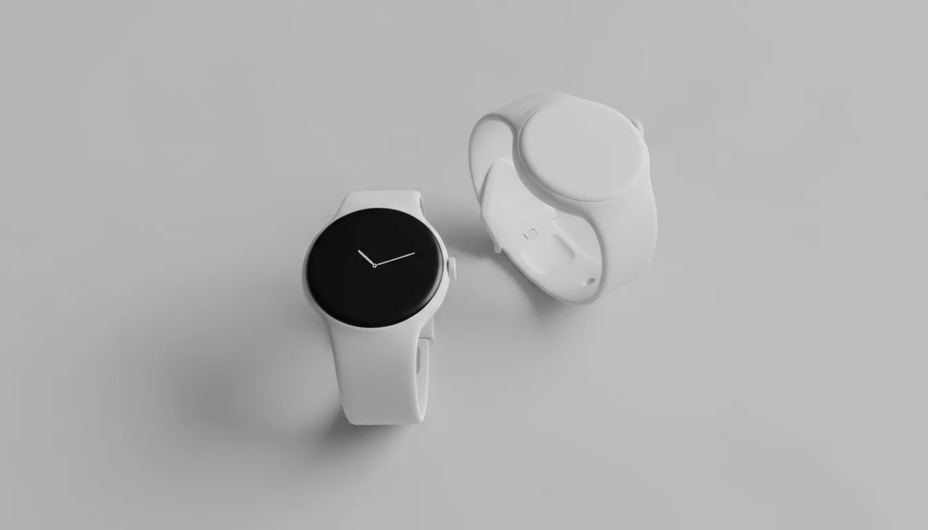 3D product render, Blender style, showcasing two minimalist smartwatches with white matte plastic bodies and straps. High-angle shot on a seamless light grey studio backdrop. One watch is displayed with its black circular screen facing up, the other is partially visible showing its plain white back. The scene is lit with soft global illumination, creating gentle, realistic shadows.